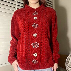 Vintage 90s Red floral embroidered vintage sweater